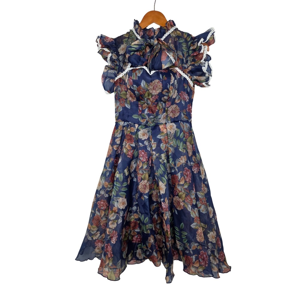 FAERIESTY Floral Print High Neck Ruffle Flutter‎ Sleeve Midi Dress Navy Blue S